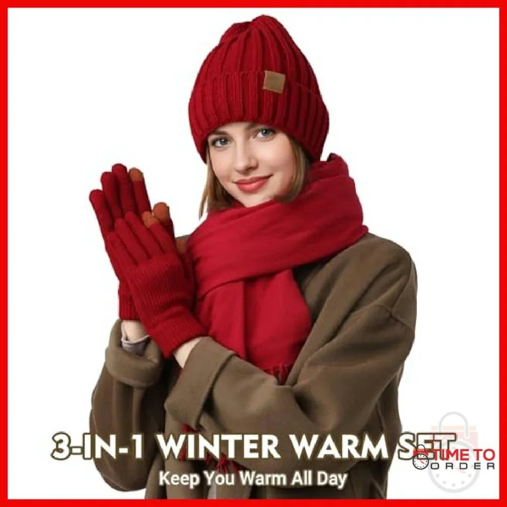 Winter Beanie Scarf Gloves Set, Touchscreen Fleece Lined, Warm Knit